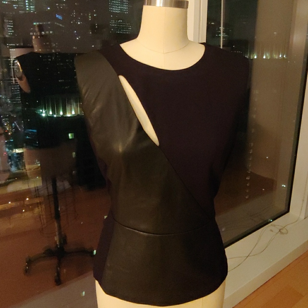 BCBGMaxAzria Black Leather and Knit Cutout Top